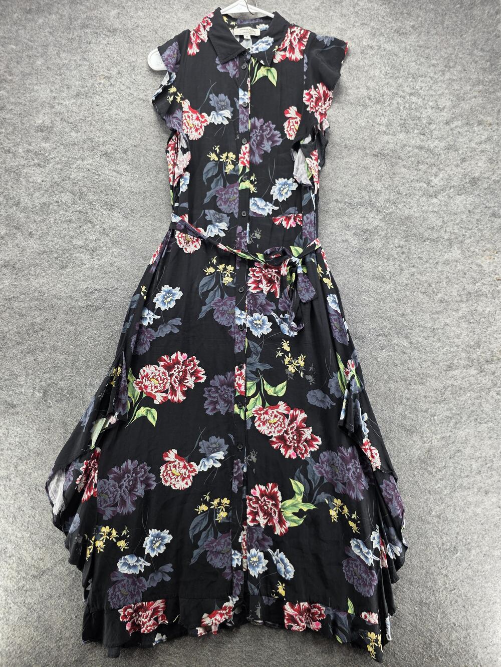 Marissa Webb Dress Womens 10 Black Floral Button Front Shirt Tie Waist Flutter